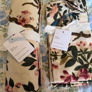 Pottery Barn Cream Table Runner and Napkins with Pink Blossoms & Green Leaves